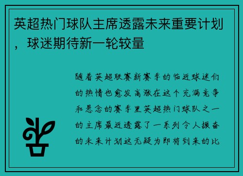 英超热门球队主席透露未来重要计划，球迷期待新一轮较量